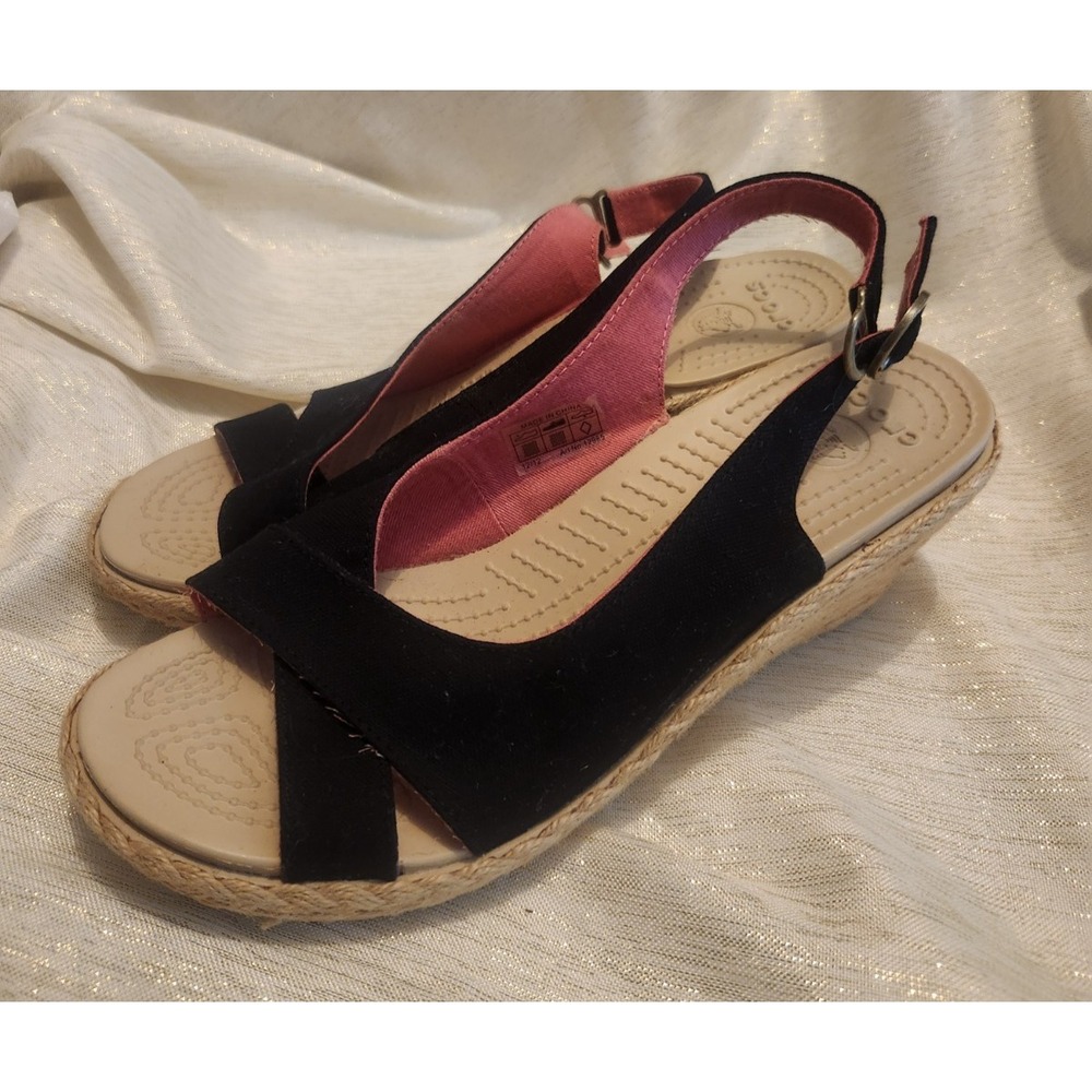 Crocs A Leigh Linen Wedge Slingback Wedge Heels Sandals Black Size 10